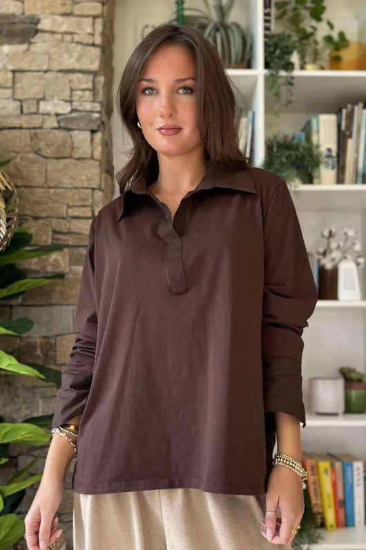 Body Stretch Cotton Collar & Cuff Shirt Chocolate